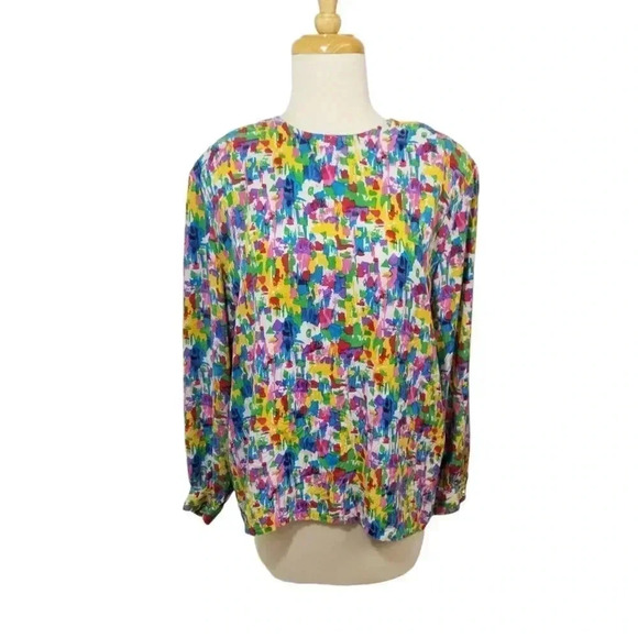 {Vintage GATI Couture} 80s Vintage Paint Splatter Print 100% Silk Blouse - Picture 1 of 12